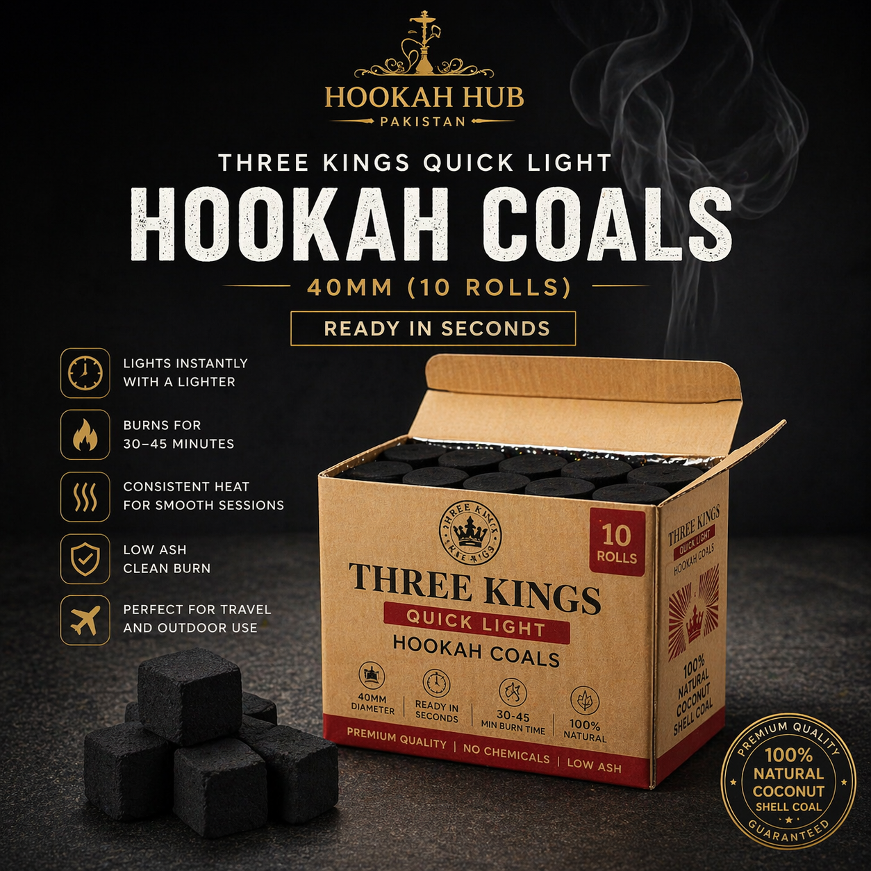 Three Kings Quick Light Hookah Coals – 40mm (10 Rolls)
