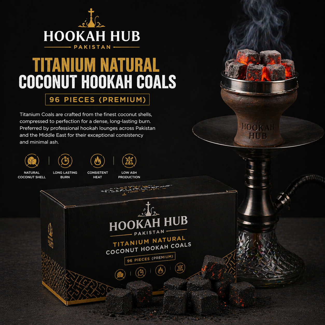 Titanium Natural Coconut Hookah Coals – 96 Pieces (Premium)