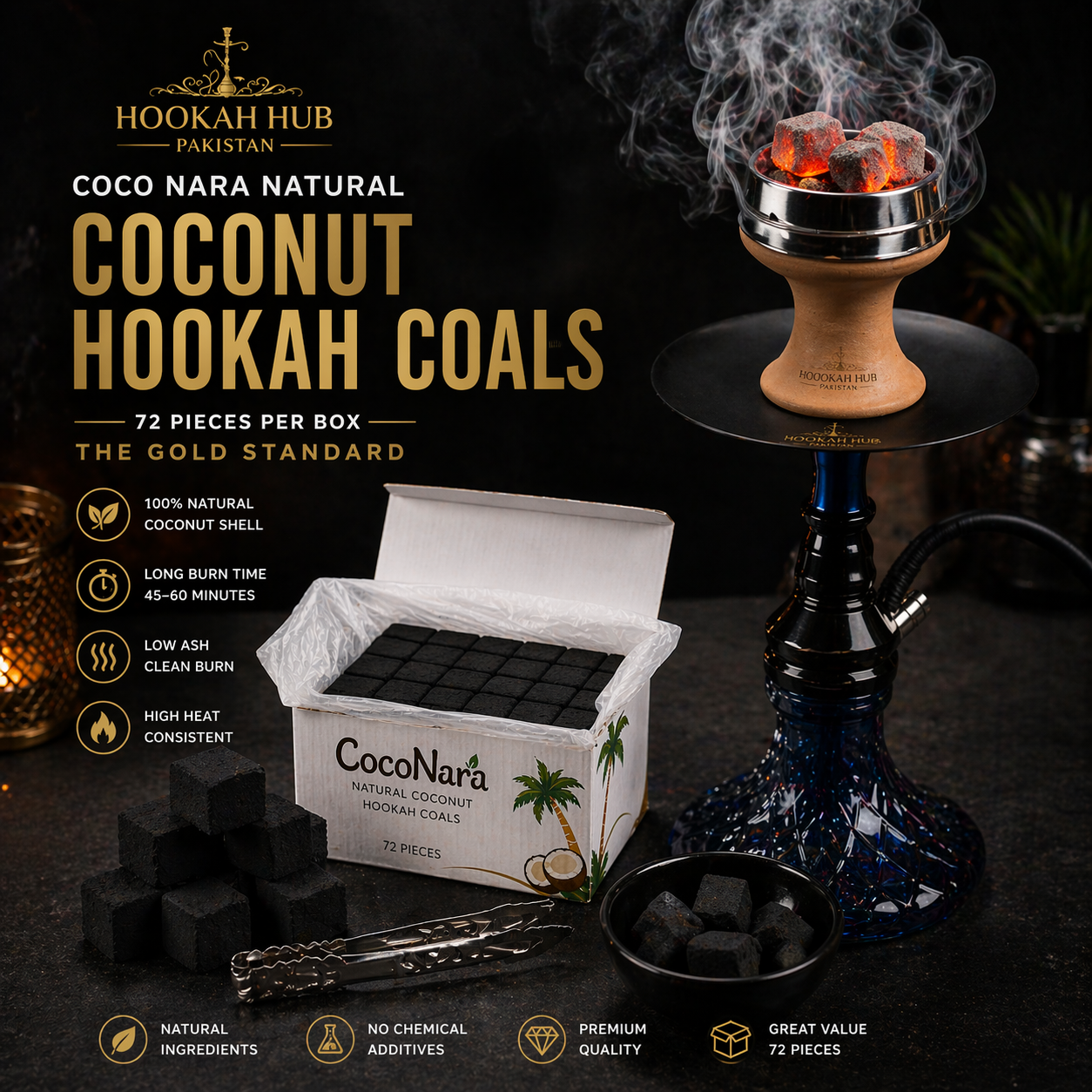 Coco Nara Natural Coconut Hookah Coals – 72 Pieces